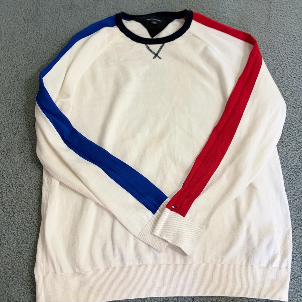 Tommy Hilfiger Men's White Crewneck Sweater with Red and Blue Stripes